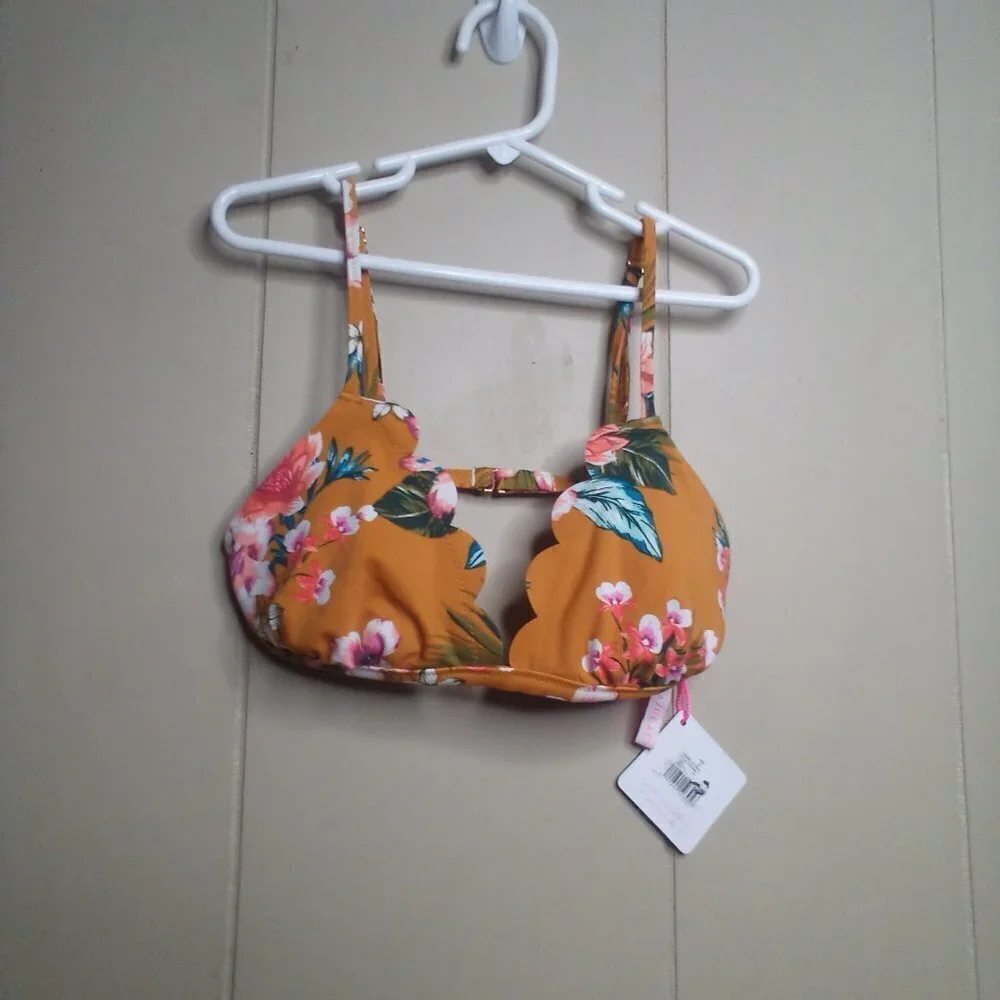 Vanilla Beach Swim Bikini Top S Triangle Scallop Trim Floral